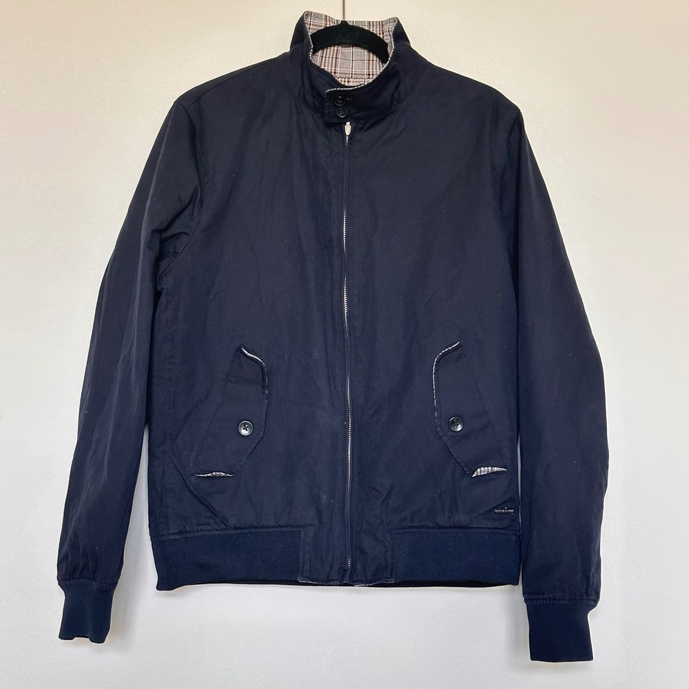 Scotch & Soda Reversible Harrington Jacket‎ Men's M Navy Blue Tan Plaid Cotton